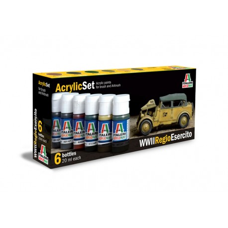 Set de peinture Armée Italienne WWII pour maquette. La contenance est de 6 flacons de 20 ml. La marque est Italeri (441AP)